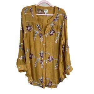 Fig & Flower Blouse Women's‎ 2X Tunic Top Yellow Embroidered Floral Roll Sleeve